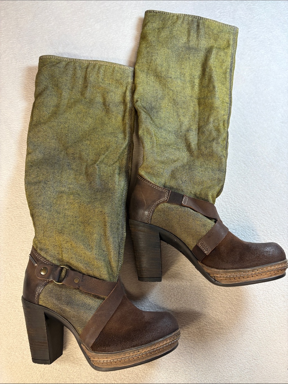 Diesel Olive Fabric and Brown Suede Block-Heel Boots